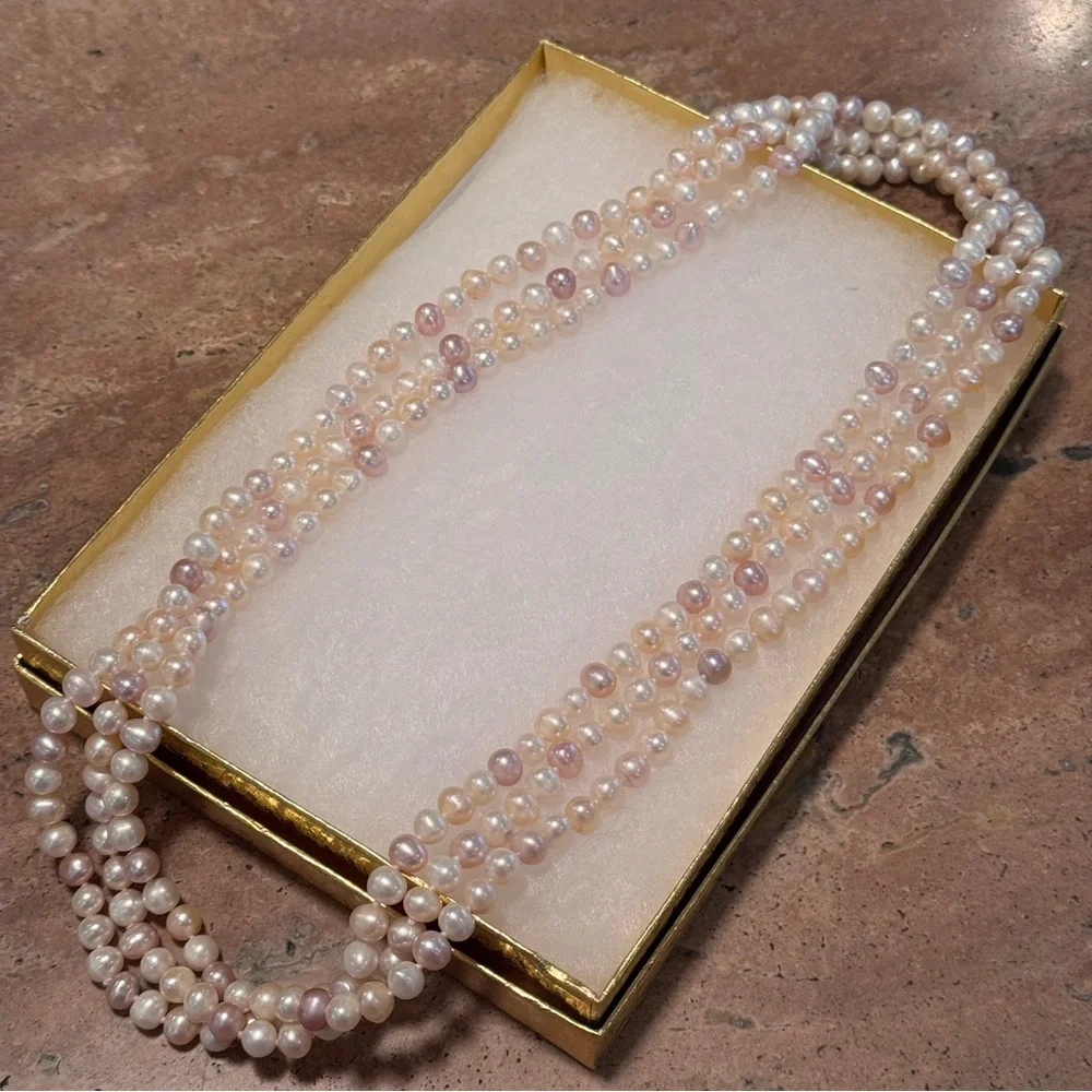 Authentic Pearl Necklace 70” multicolored Single Strand Pink Cream Tan Elegant - Picture 3 of 13